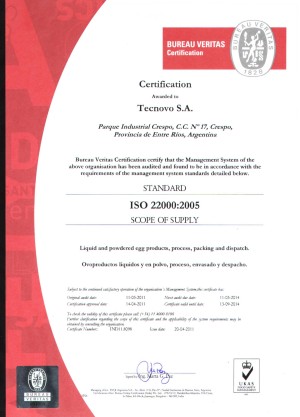 TECNOVO SA: OBTUVO DE BV LA CERTIFICACION DE LAS NORMAS INTERNACIONALES ISO 22000